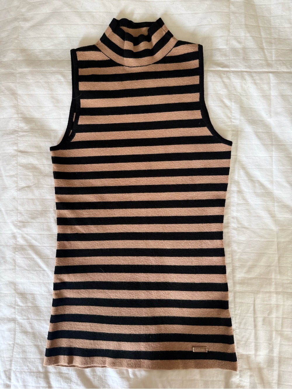 Catherine Malandrino Striped Sleeveless Turtleneck Top - Black & Tan